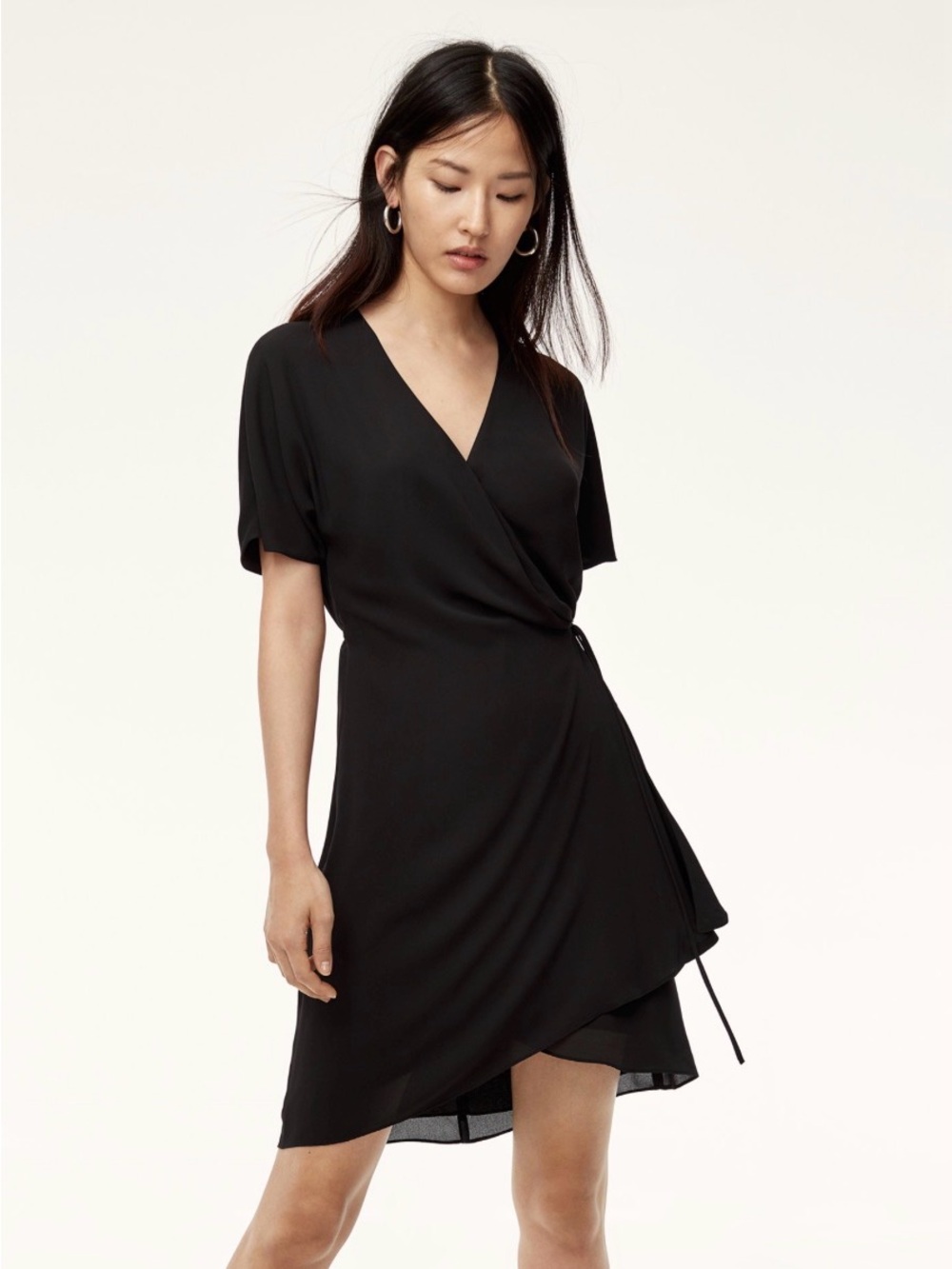 Babaton Black Wrap Mini Dress with Short Sleeves and Side Tie